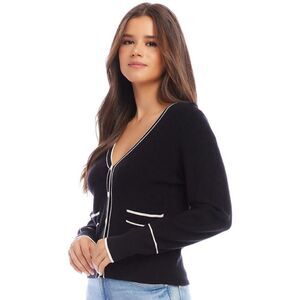 Karen Kane Lrg PETITE Black & White Trim Women’s Long Sleeve Cardigan V Neck NWT